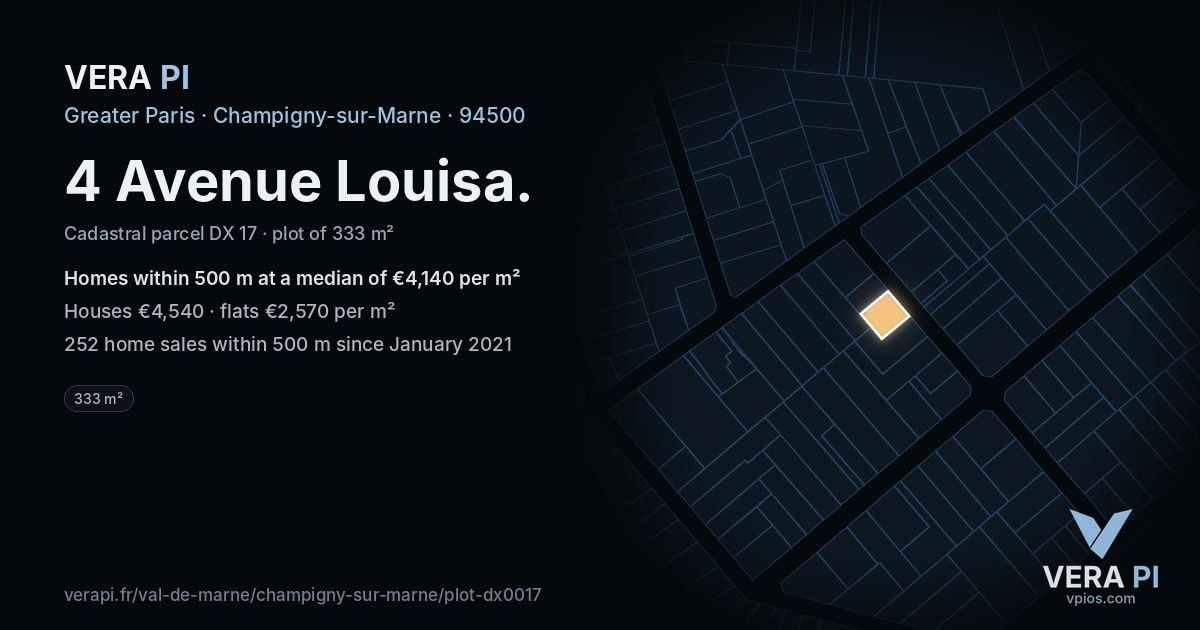 4 Avenue Louisa, Champigny-sur-Marne at night – the plot lit, the parcels around coloured by the prices near them