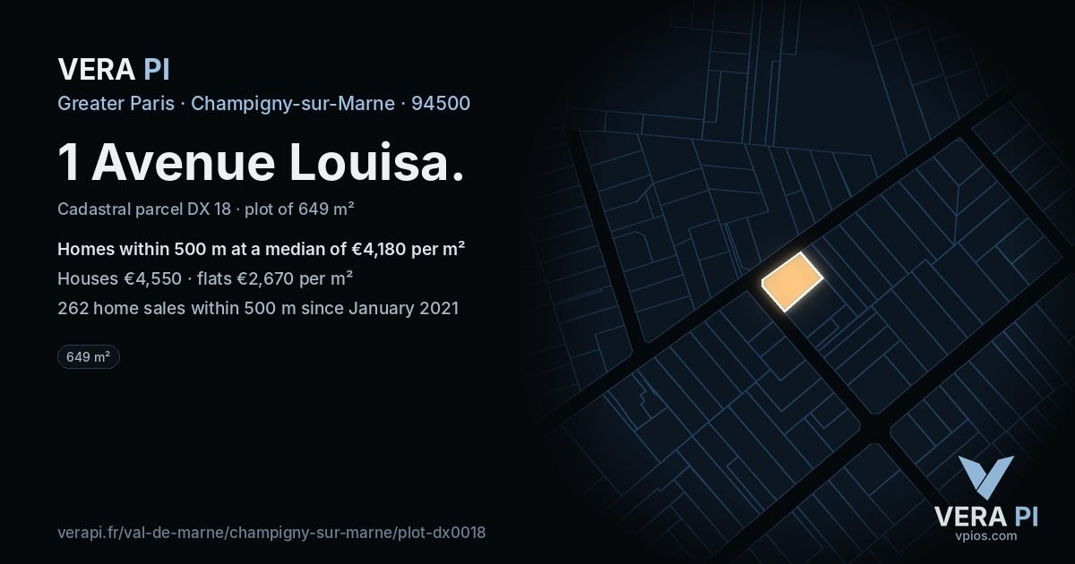 1 Avenue Louisa, Champigny-sur-Marne at night – the plot lit, the parcels around coloured by the prices near them