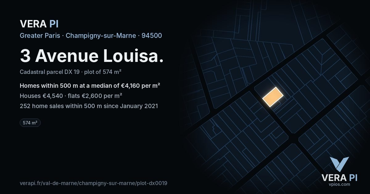 3 Avenue Louisa, Champigny-sur-Marne at night – the plot lit, the parcels around coloured by the prices near them