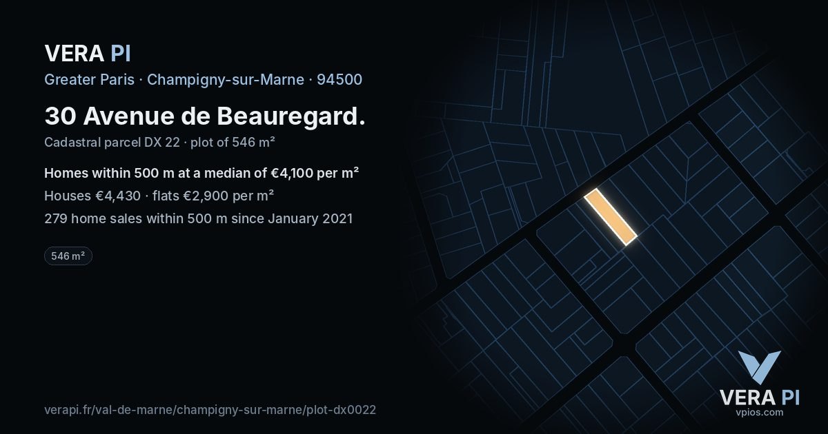 30 Avenue de Beauregard, Champigny-sur-Marne at night – the plot lit, the parcels around coloured by the prices near them