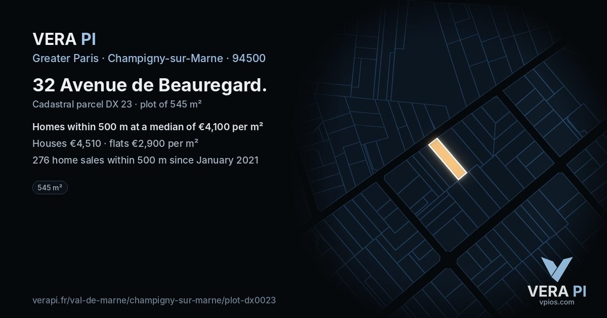 32 Avenue de Beauregard, Champigny-sur-Marne at night – the plot lit, the parcels around coloured by the prices near them