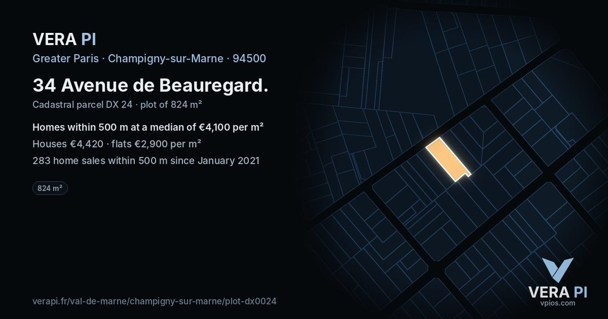 34 Avenue de Beauregard, Champigny-sur-Marne at night – the plot lit, the parcels around coloured by the prices near them