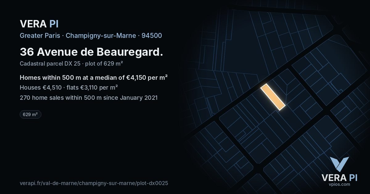 36 Avenue de Beauregard, Champigny-sur-Marne at night – the plot lit, the parcels around coloured by the prices near them