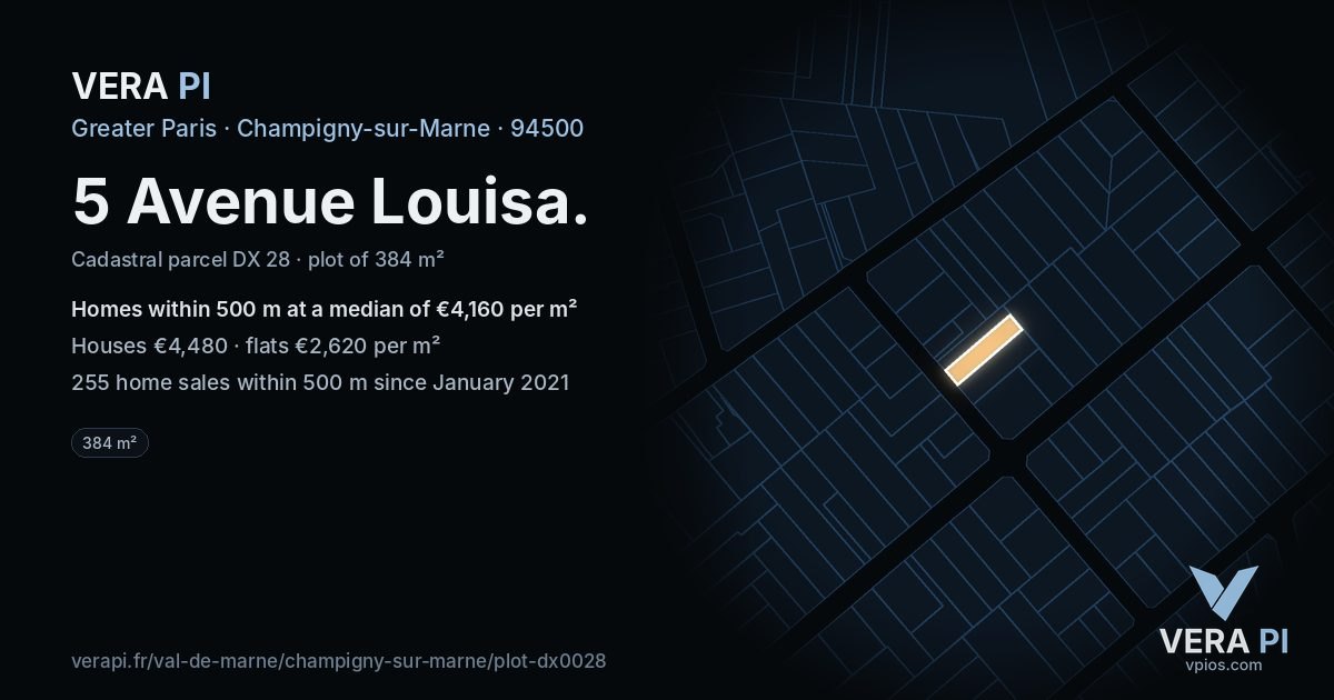 5 Avenue Louisa, Champigny-sur-Marne at night – the plot lit, the parcels around coloured by the prices near them