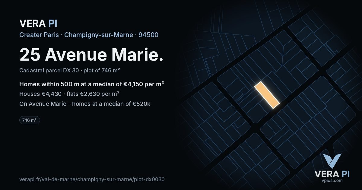 25 Avenue Marie, Champigny-sur-Marne at night – the plot lit, the parcels around coloured by the prices near them