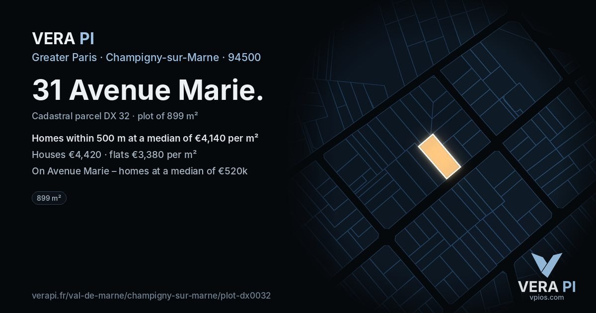 31 Avenue Marie, Champigny-sur-Marne at night – the plot lit, the parcels around coloured by the prices near them