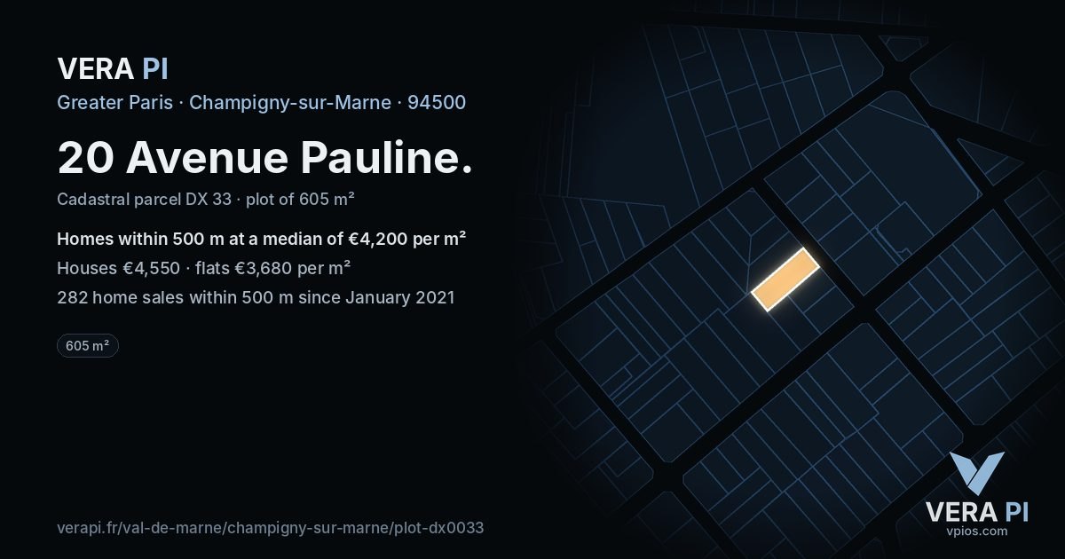 20 Avenue Pauline, Champigny-sur-Marne at night – the plot lit, the parcels around coloured by the prices near them