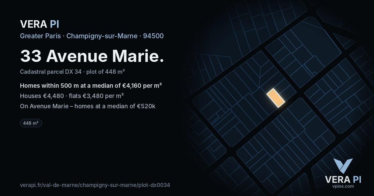 33 Avenue Marie, Champigny-sur-Marne at night – the plot lit, the parcels around coloured by the prices near them
