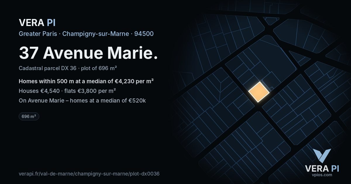 37 Avenue Marie, Champigny-sur-Marne at night – the plot lit, the parcels around coloured by the prices near them