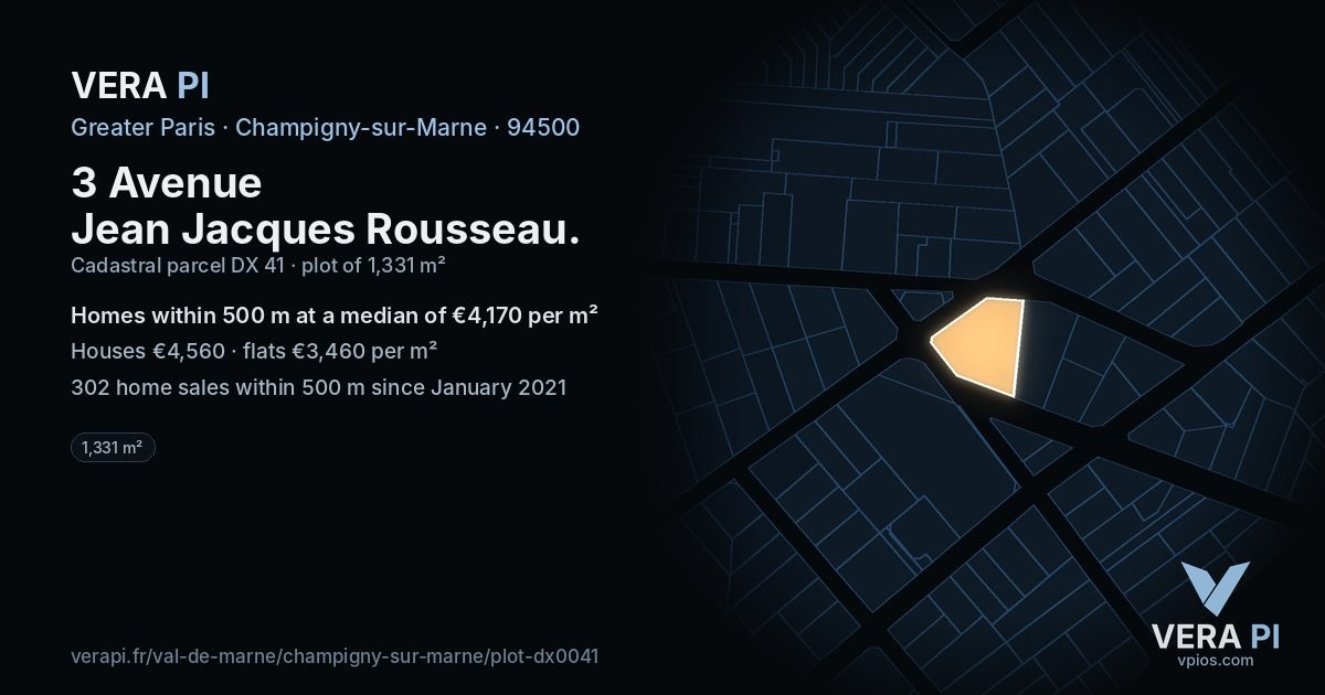 3 Avenue Jean Jacques Rousseau, Champigny-sur-Marne at night – the plot lit, the parcels around coloured by the prices near them
