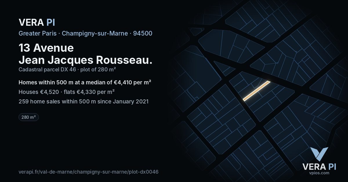 13 Avenue Jean Jacques Rousseau, Champigny-sur-Marne at night – the plot lit, the parcels around coloured by the prices near them