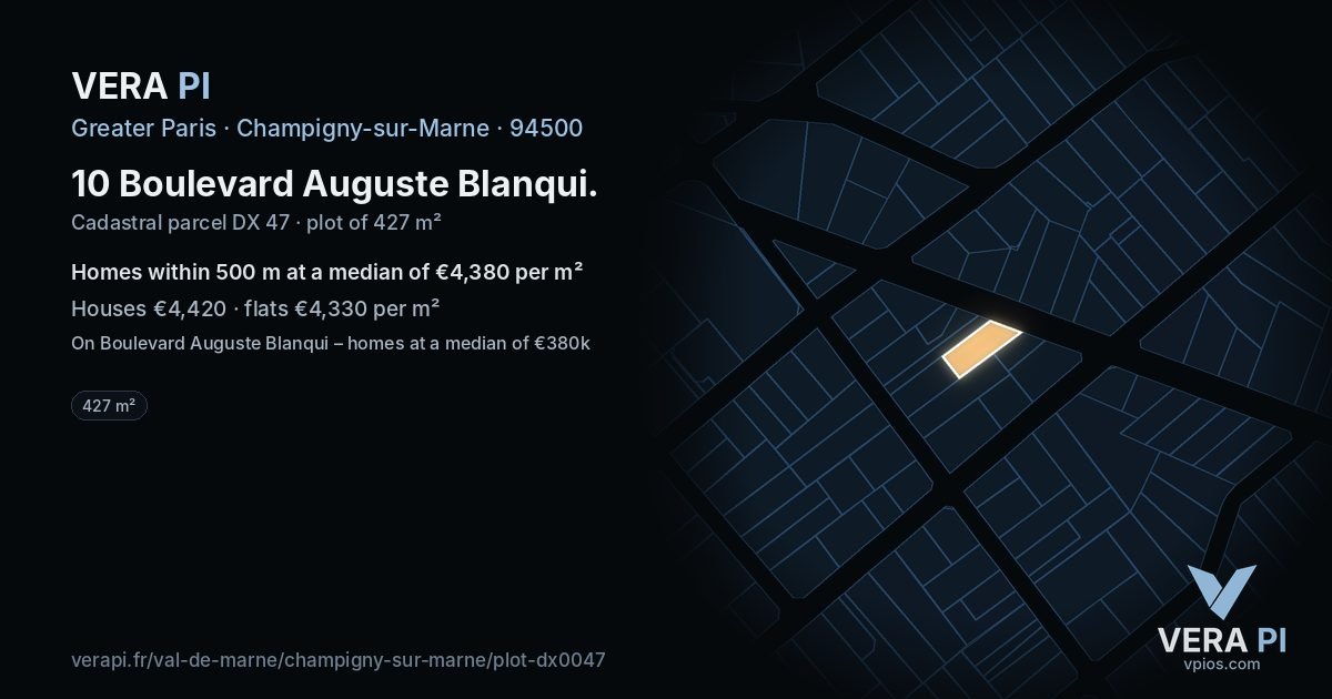 10 Boulevard Auguste Blanqui, Champigny-sur-Marne at night – the plot lit, the parcels around coloured by the prices near them