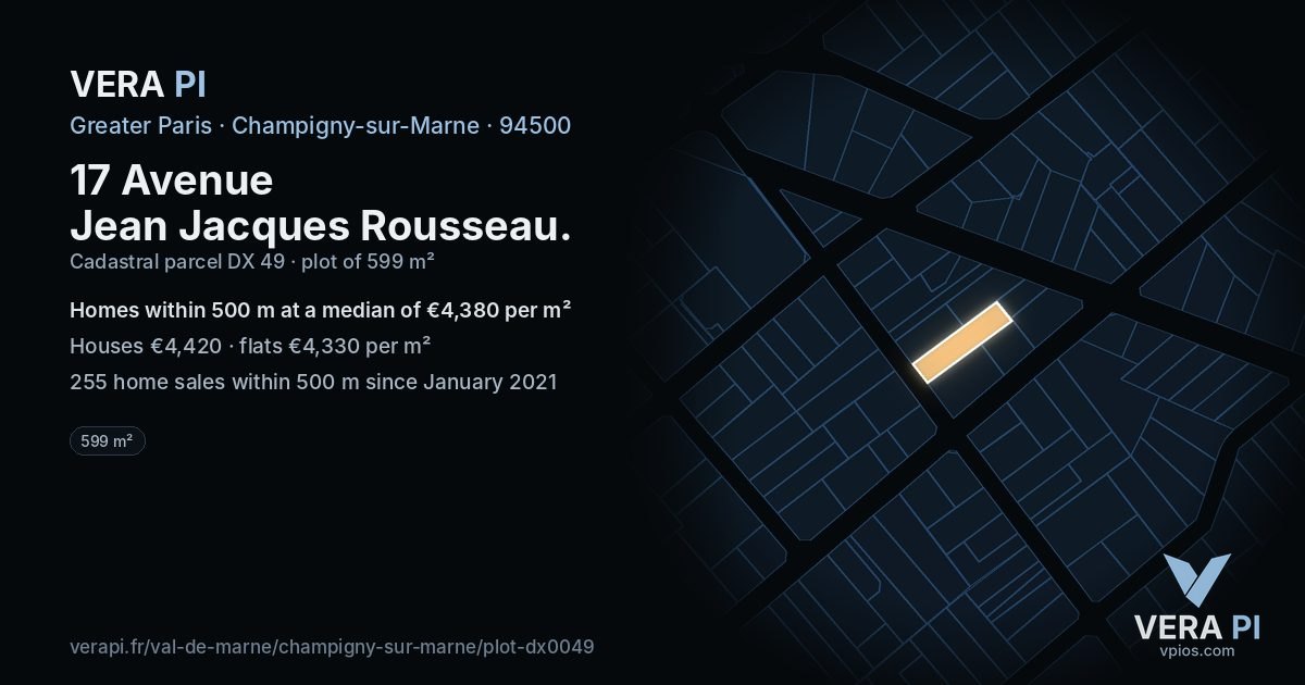 17 Avenue Jean Jacques Rousseau, Champigny-sur-Marne at night – the plot lit, the parcels around coloured by the prices near them