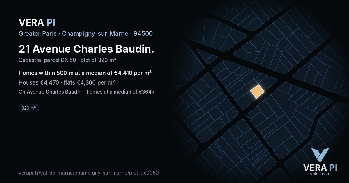 21 Avenue Charles Baudin, Champigny-sur-Marne at night – the plot lit, the parcels around coloured by the prices near them