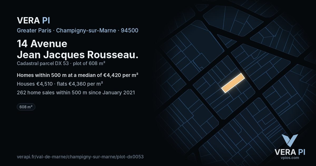 14 Avenue Jean Jacques Rousseau, Champigny-sur-Marne at night – the plot lit, the parcels around coloured by the prices near them