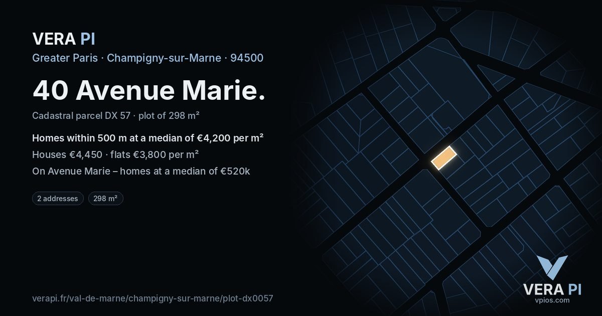 40 Avenue Marie, Champigny-sur-Marne at night – the plot lit, the parcels around coloured by the prices near them