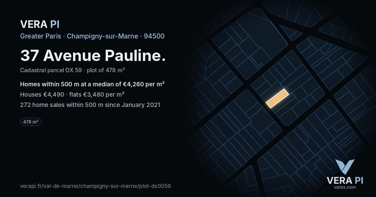 37 Avenue Pauline, Champigny-sur-Marne at night – the plot lit, the parcels around coloured by the prices near them
