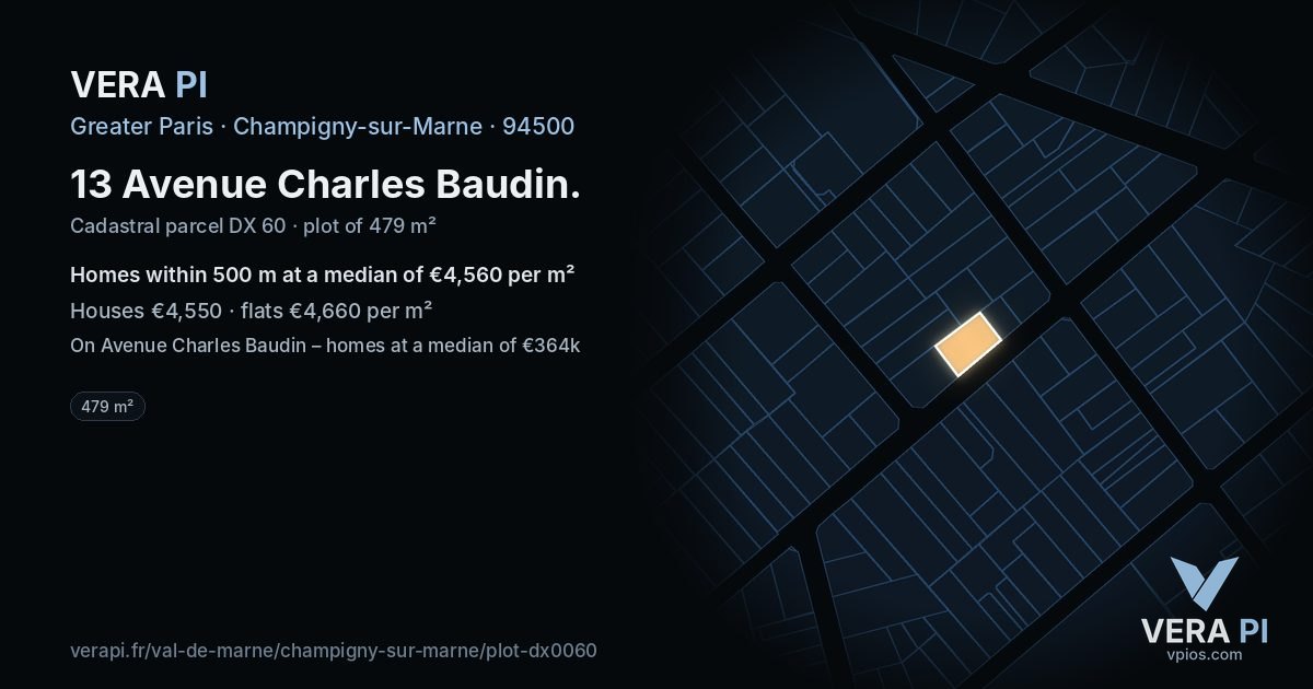 13 Avenue Charles Baudin, Champigny-sur-Marne at night – the plot lit, the parcels around coloured by the prices near them