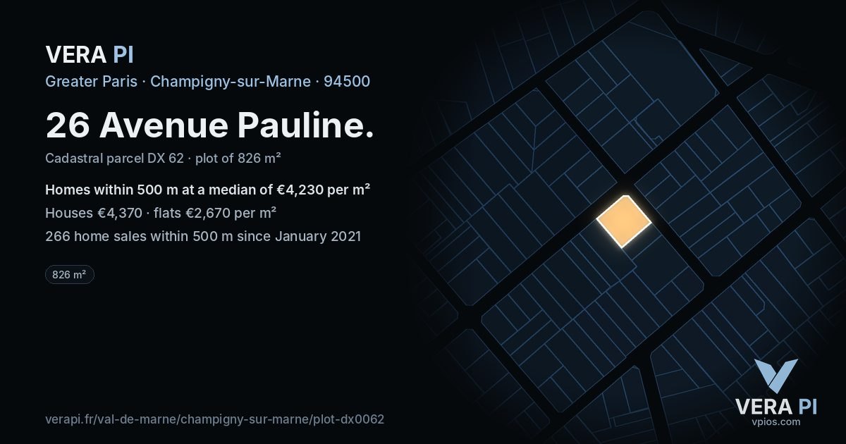 26 Avenue Pauline, Champigny-sur-Marne at night – the plot lit, the parcels around coloured by the prices near them
