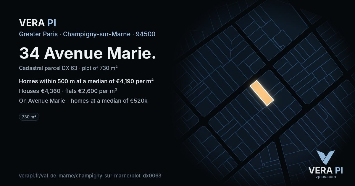 34 Avenue Marie, Champigny-sur-Marne at night – the plot lit, the parcels around coloured by the prices near them
