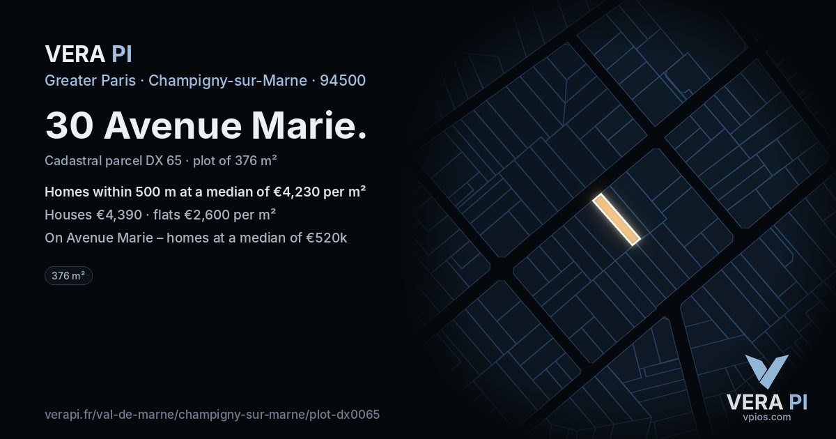 30 Avenue Marie, Champigny-sur-Marne at night – the plot lit, the parcels around coloured by the prices near them