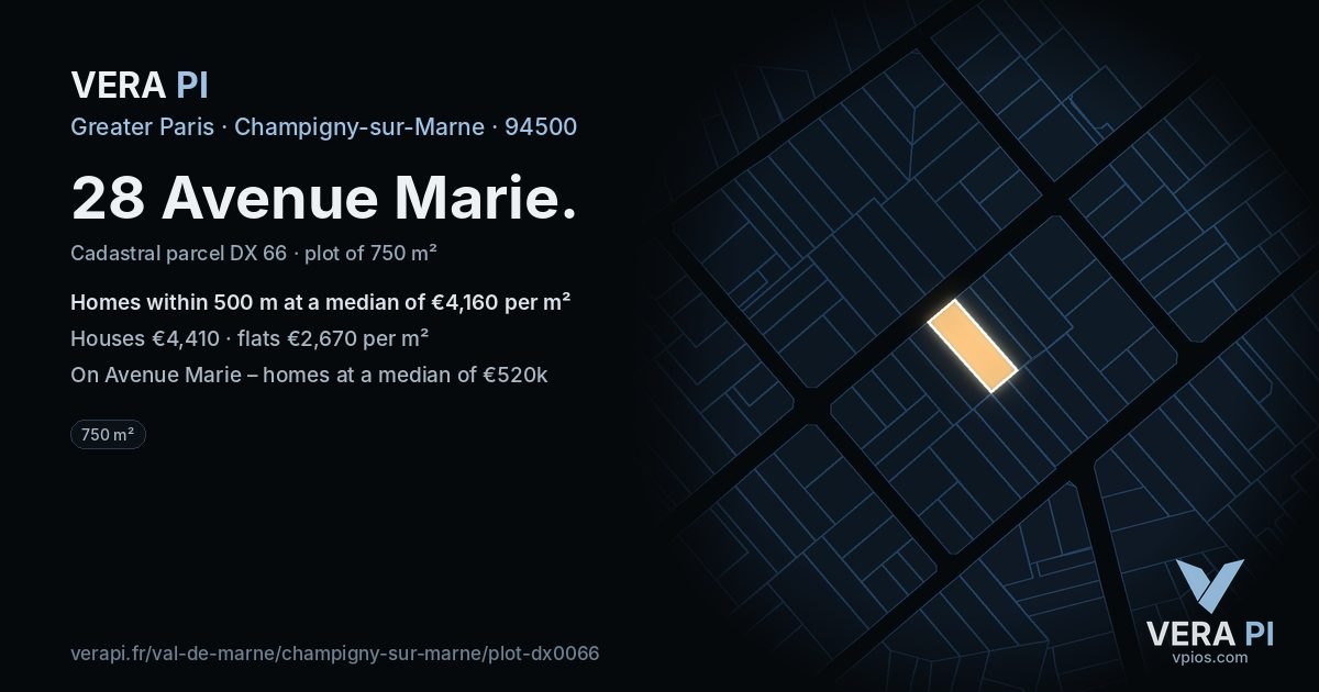 28 Avenue Marie, Champigny-sur-Marne at night – the plot lit, the parcels around coloured by the prices near them
