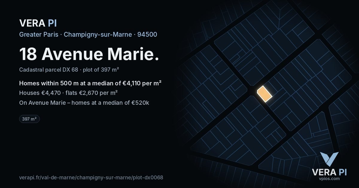 18 Avenue Marie, Champigny-sur-Marne at night – the plot lit, the parcels around coloured by the prices near them