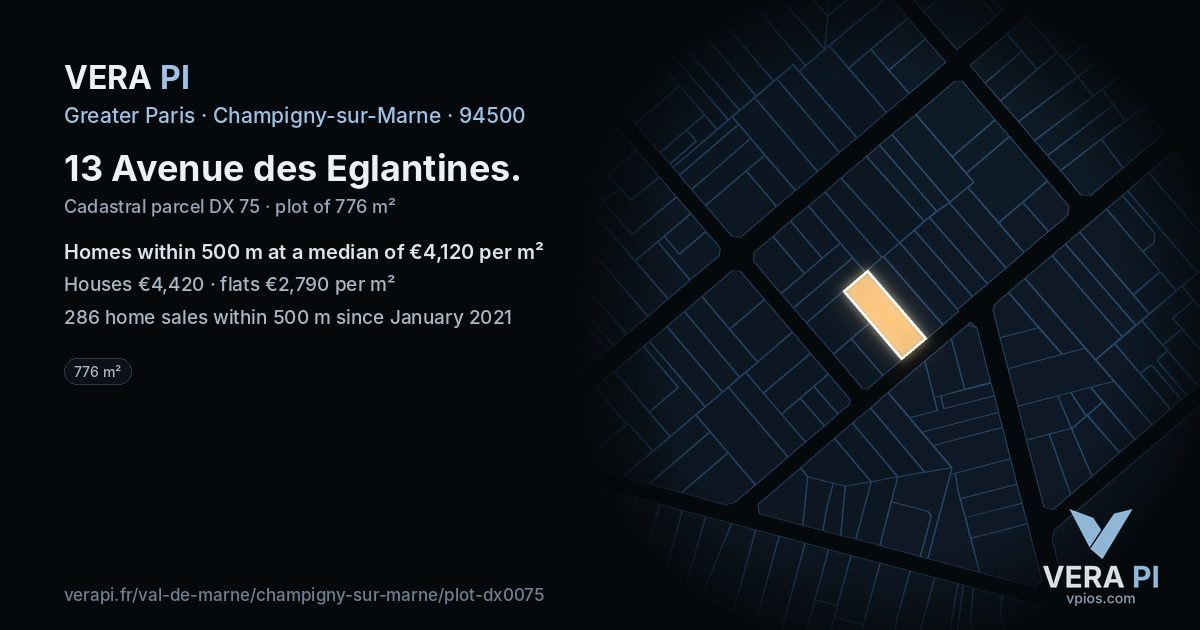 13 Avenue des Eglantines, Champigny-sur-Marne at night – the plot lit, the parcels around coloured by the prices near them