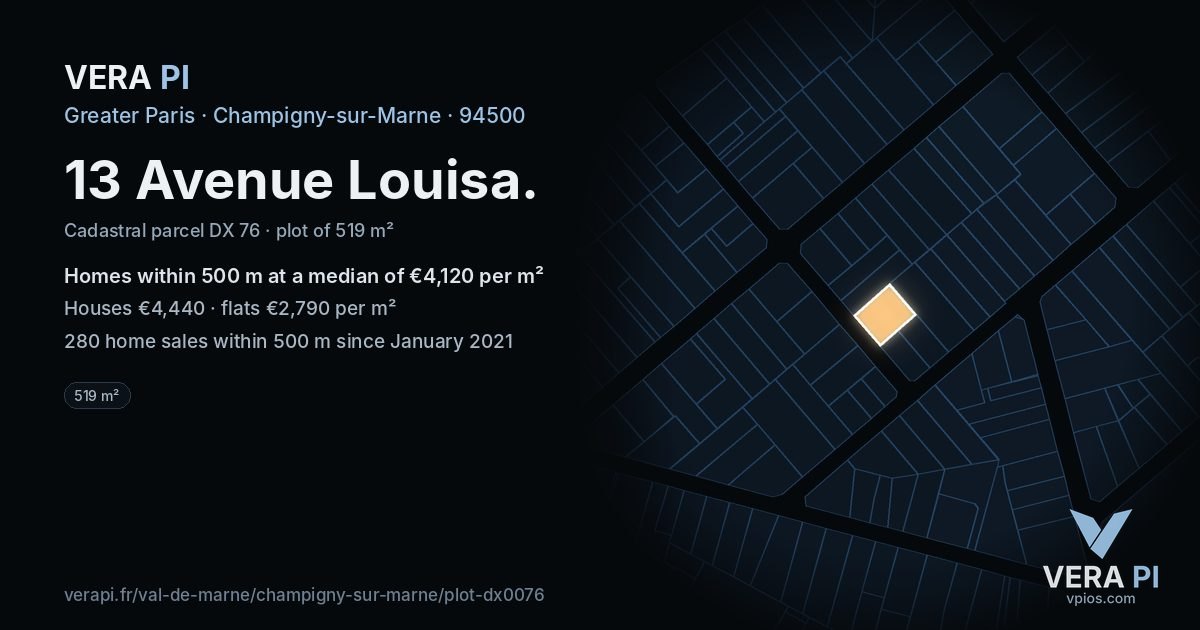 13 Avenue Louisa, Champigny-sur-Marne at night – the plot lit, the parcels around coloured by the prices near them