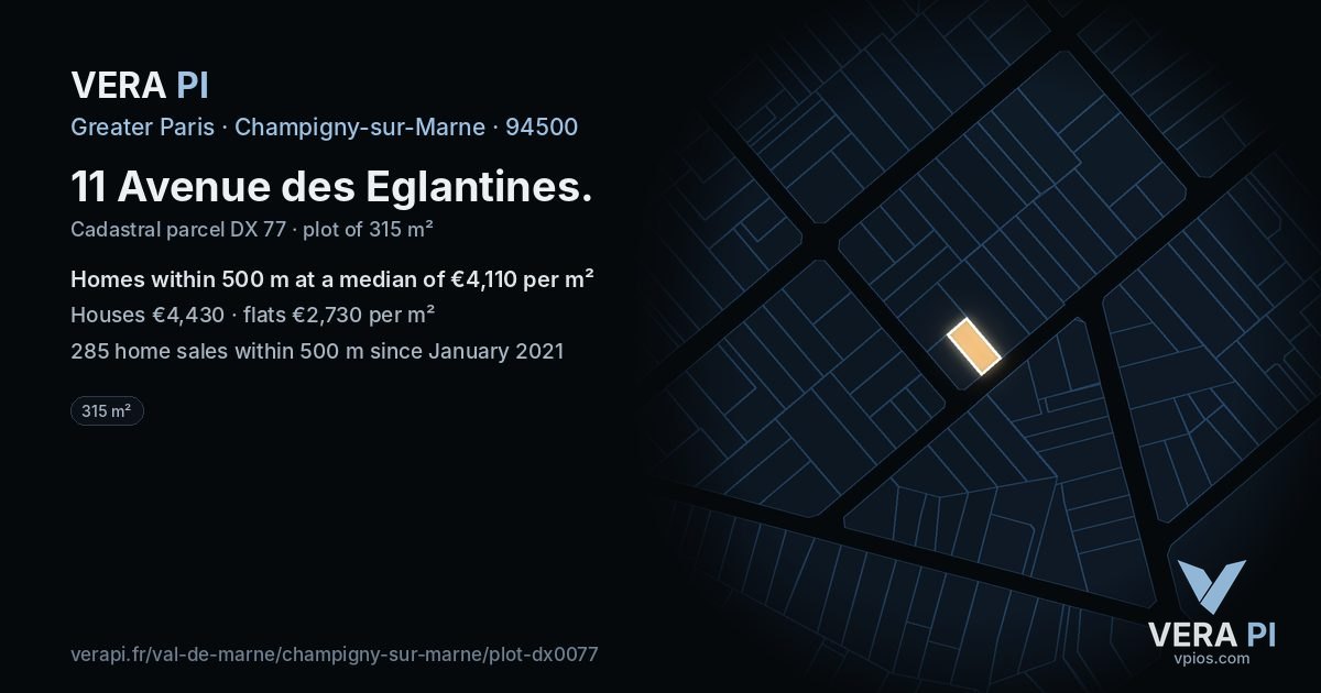 11 Avenue des Eglantines, Champigny-sur-Marne at night – the plot lit, the parcels around coloured by the prices near them