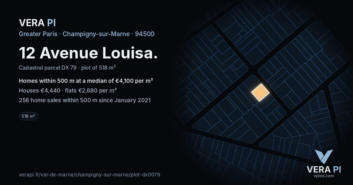 12 Avenue Louisa, Champigny-sur-Marne at night – the plot lit, the parcels around coloured by the prices near them