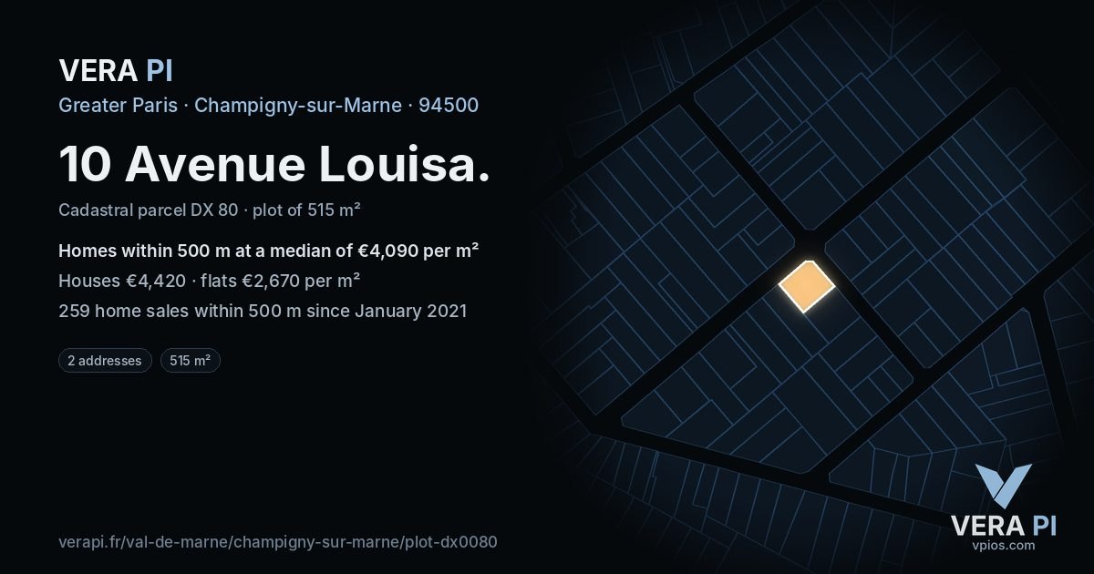 10 Avenue Louisa, Champigny-sur-Marne at night – the plot lit, the parcels around coloured by the prices near them
