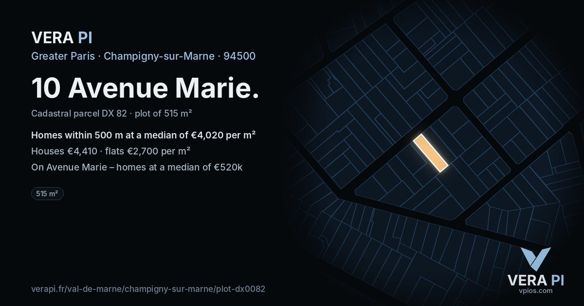 10 Avenue Marie, Champigny-sur-Marne at night – the plot lit, the parcels around coloured by the prices near them