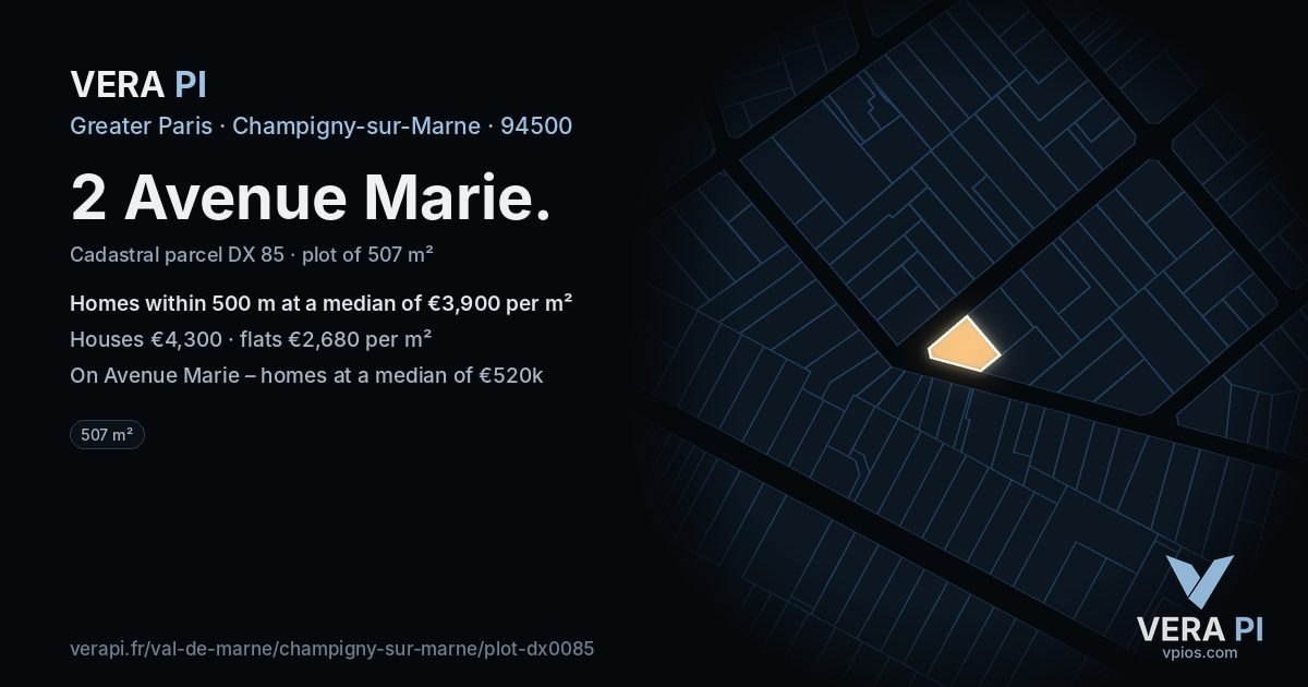 2 Avenue Marie, Champigny-sur-Marne at night – the plot lit, the parcels around coloured by the prices near them