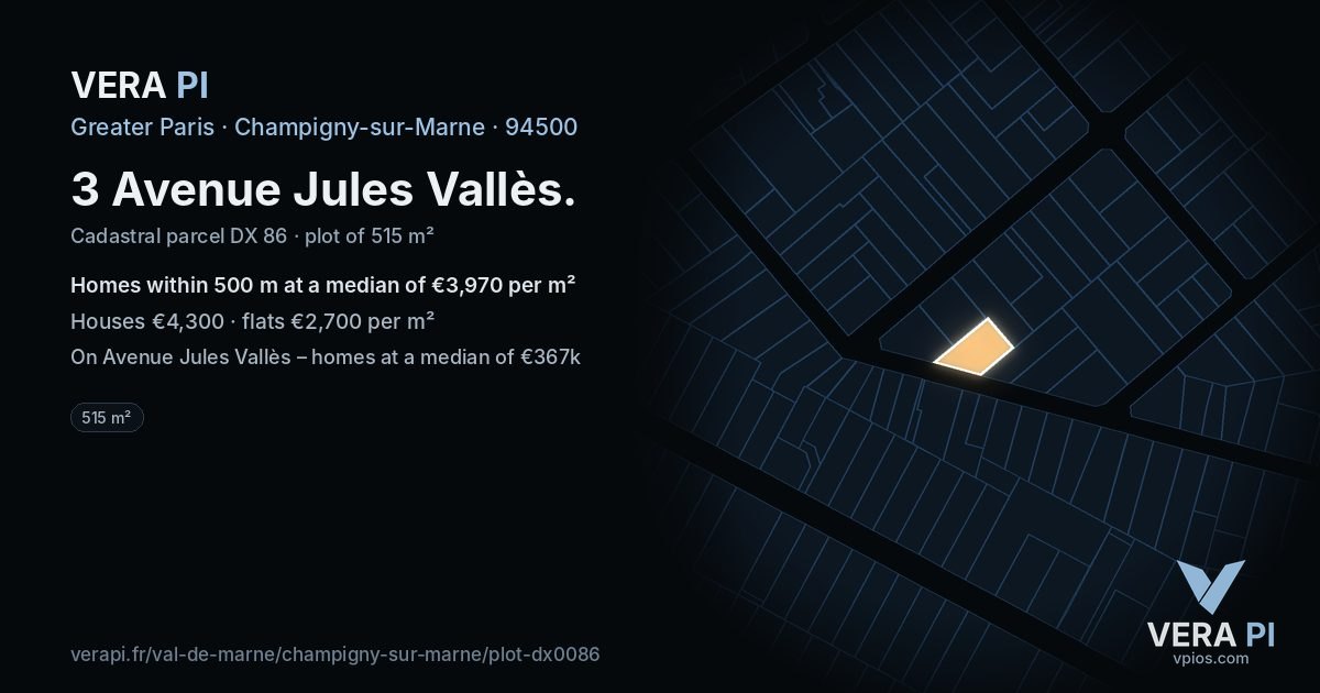 3 Avenue Jules Vallès, Champigny-sur-Marne at night – the plot lit, the parcels around coloured by the prices near them