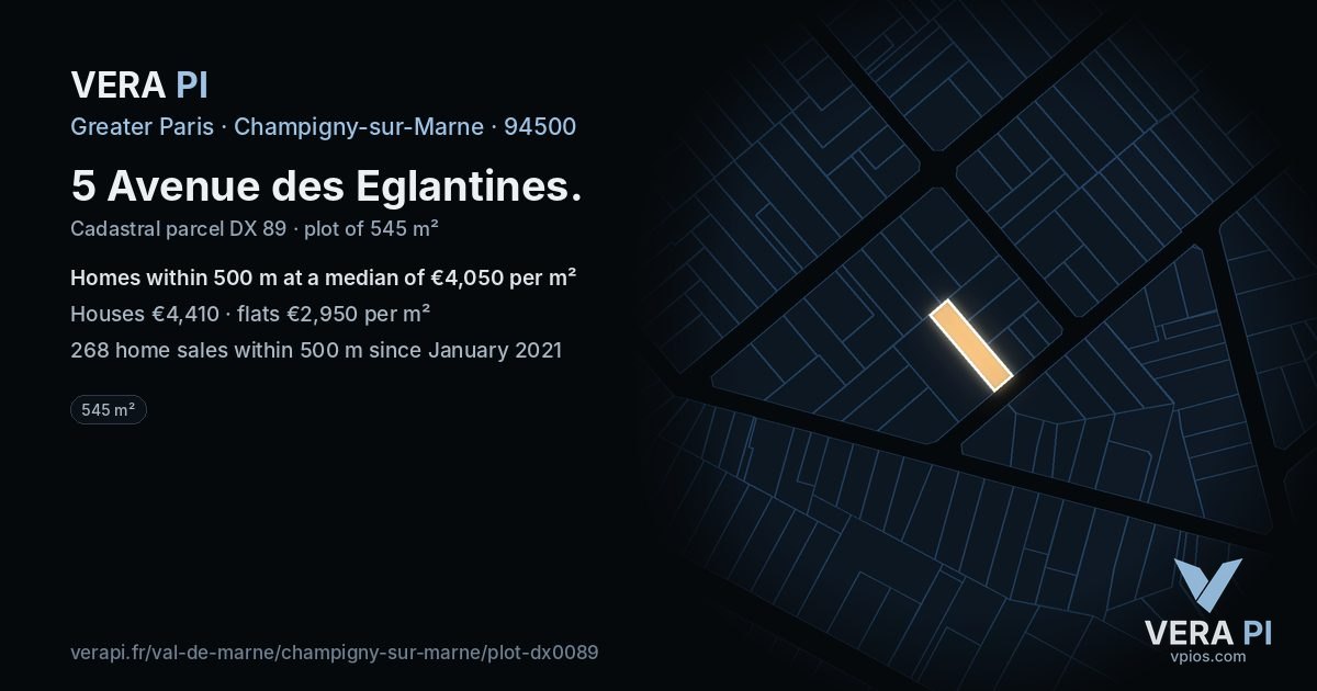 5 Avenue des Eglantines, Champigny-sur-Marne at night – the plot lit, the parcels around coloured by the prices near them