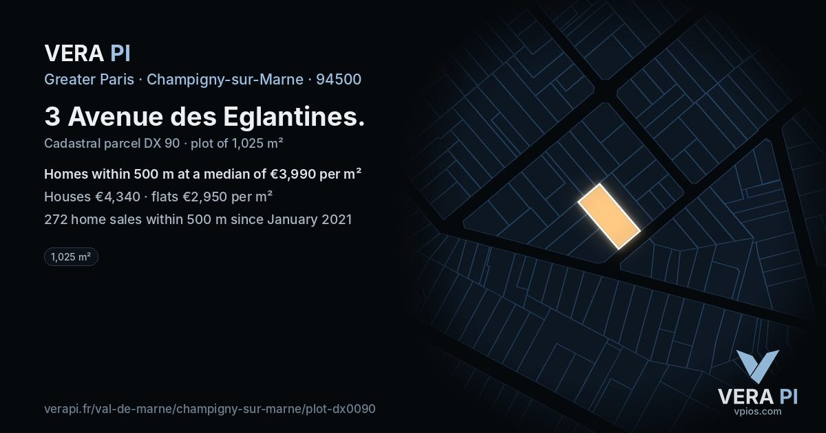 3 Avenue des Eglantines, Champigny-sur-Marne at night – the plot lit, the parcels around coloured by the prices near them