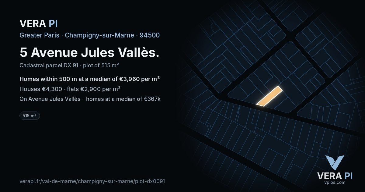 5 Avenue Jules Vallès, Champigny-sur-Marne at night – the plot lit, the parcels around coloured by the prices near them