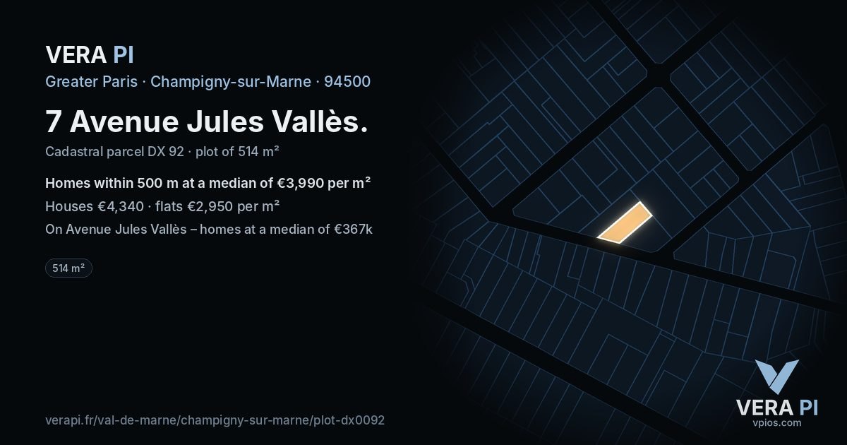 7 Avenue Jules Vallès, Champigny-sur-Marne at night – the plot lit, the parcels around coloured by the prices near them