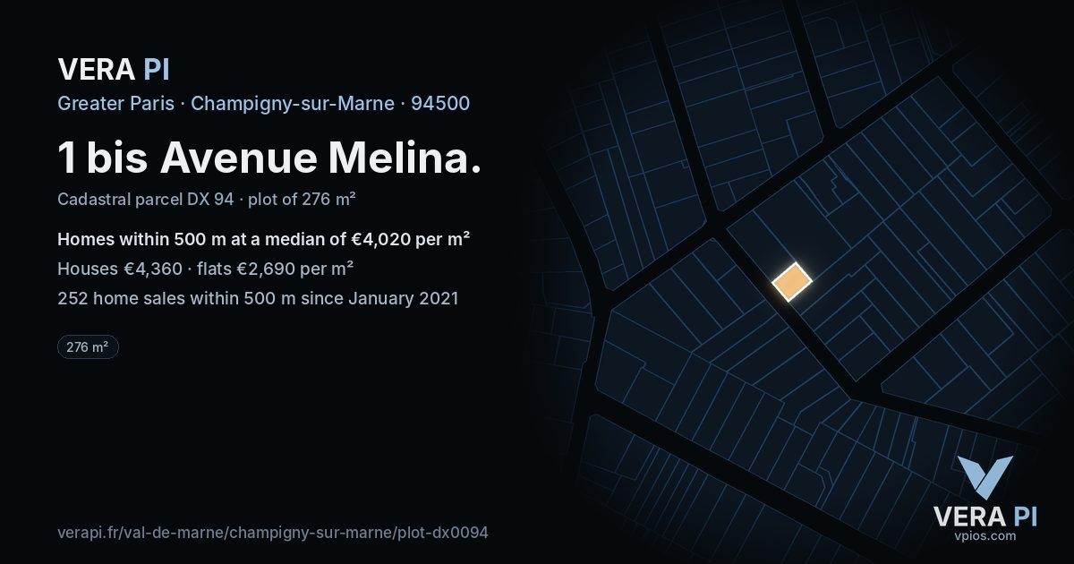 1 bis Avenue Melina, Champigny-sur-Marne at night – the plot lit, the parcels around coloured by the prices near them