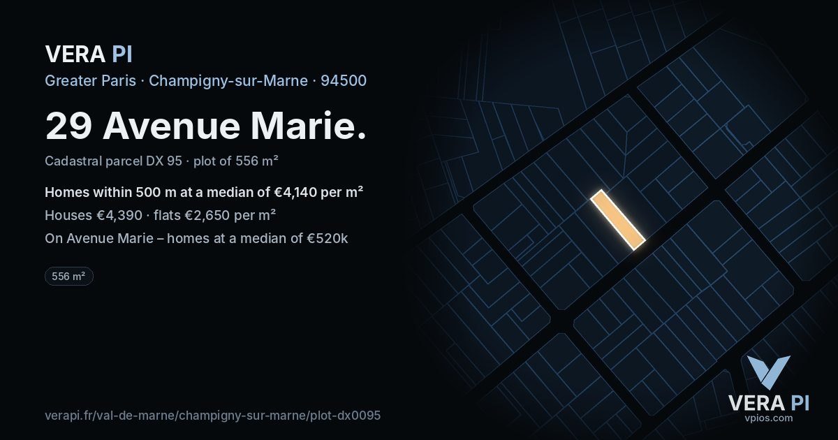 29 Avenue Marie, Champigny-sur-Marne at night – the plot lit, the parcels around coloured by the prices near them