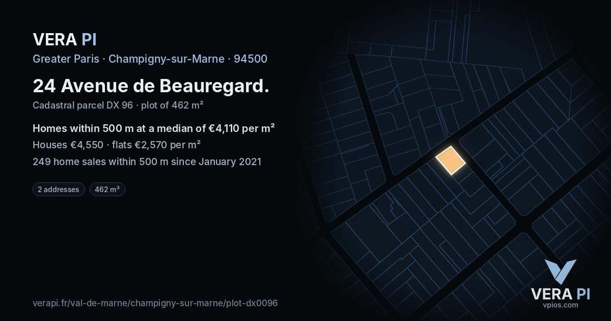 24 Avenue de Beauregard, Champigny-sur-Marne at night – the plot lit, the parcels around coloured by the prices near them
