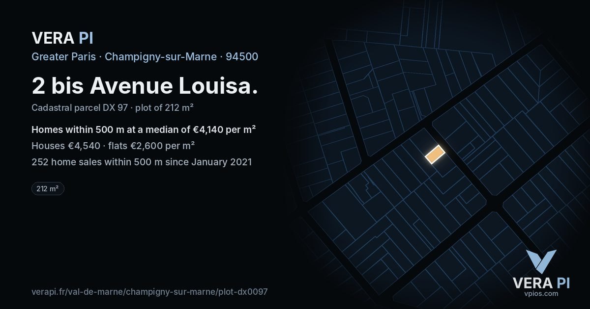 2 bis Avenue Louisa, Champigny-sur-Marne at night – the plot lit, the parcels around coloured by the prices near them
