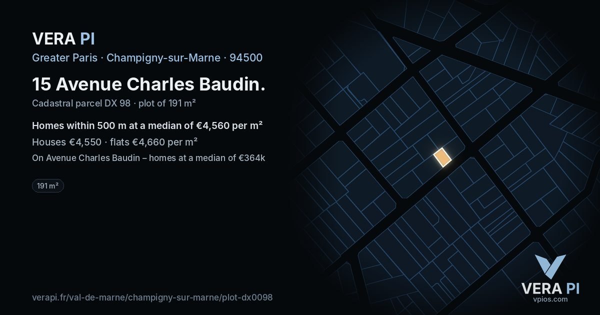15 Avenue Charles Baudin, Champigny-sur-Marne at night – the plot lit, the parcels around coloured by the prices near them