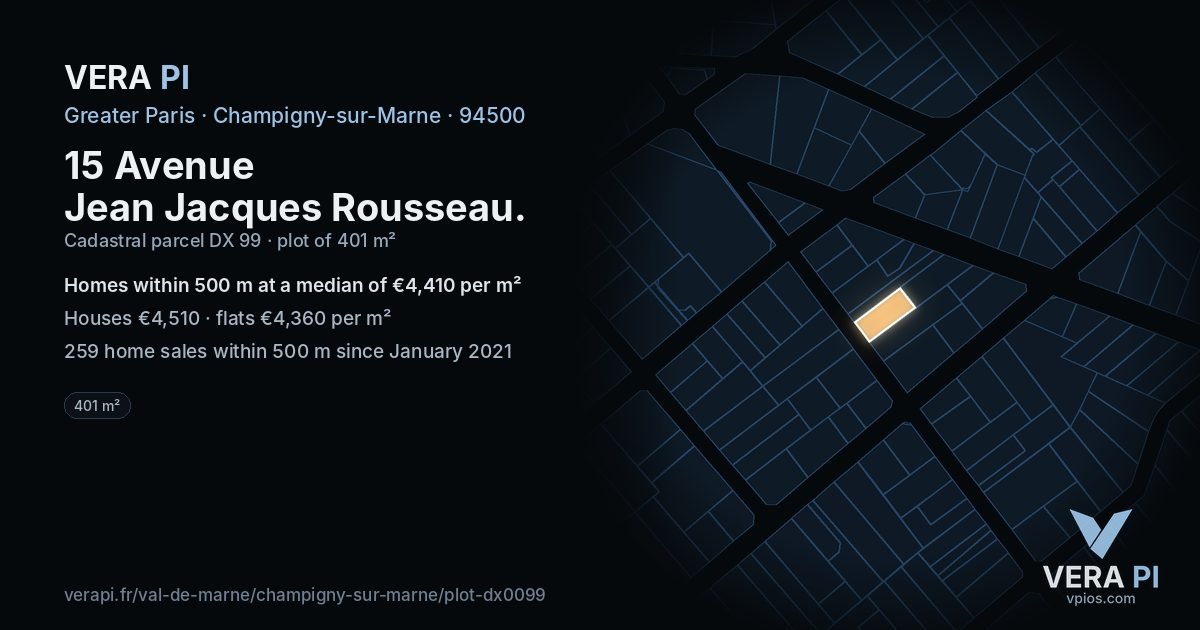 15 Avenue Jean Jacques Rousseau, Champigny-sur-Marne at night – the plot lit, the parcels around coloured by the prices near them