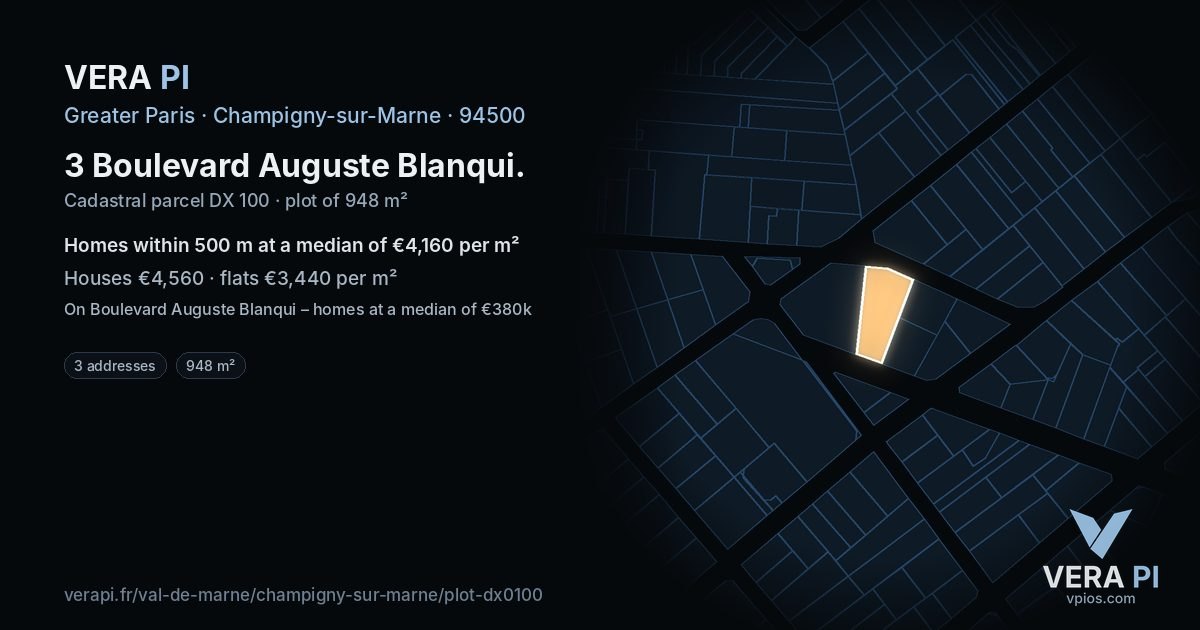 3 Boulevard Auguste Blanqui, Champigny-sur-Marne at night – the plot lit, the parcels around coloured by the prices near them