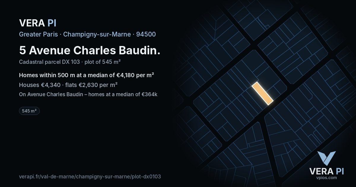 5 Avenue Charles Baudin, Champigny-sur-Marne at night – the plot lit, the parcels around coloured by the prices near them