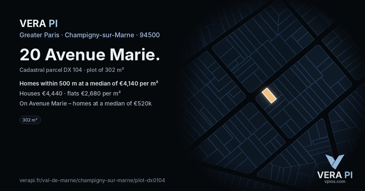 20 Avenue Marie, Champigny-sur-Marne at night – the plot lit, the parcels around coloured by the prices near them