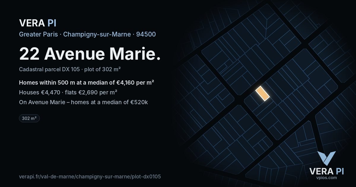 22 Avenue Marie, Champigny-sur-Marne at night – the plot lit, the parcels around coloured by the prices near them