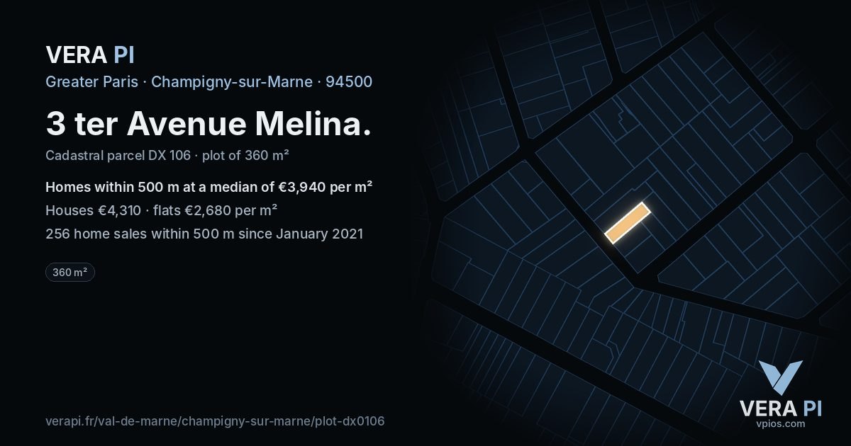 3 ter Avenue Melina, Champigny-sur-Marne at night – the plot lit, the parcels around coloured by the prices near them